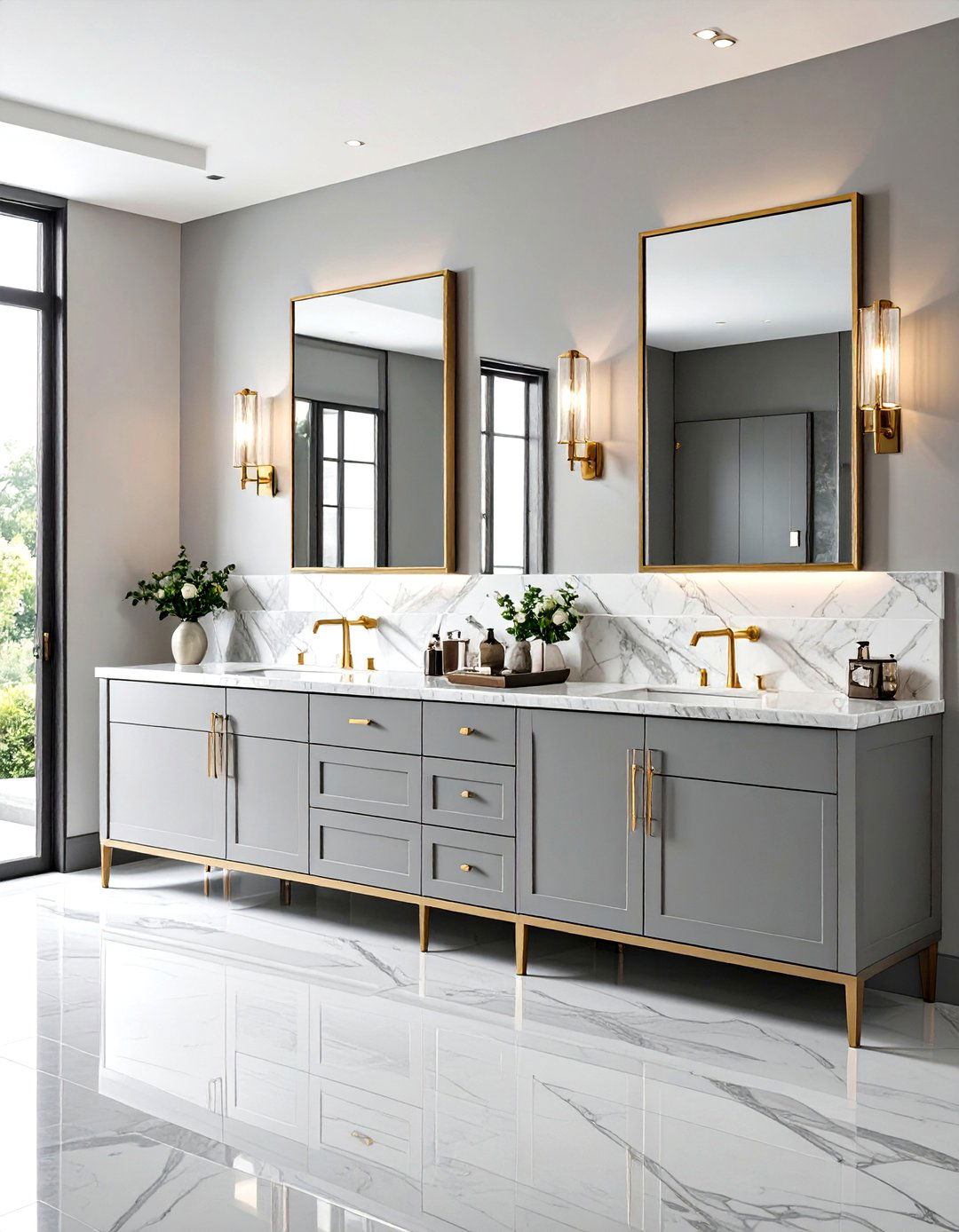 Glamorous Bathroom with a Mirrored Vanity - 30 light grey vanity bathroom ideas