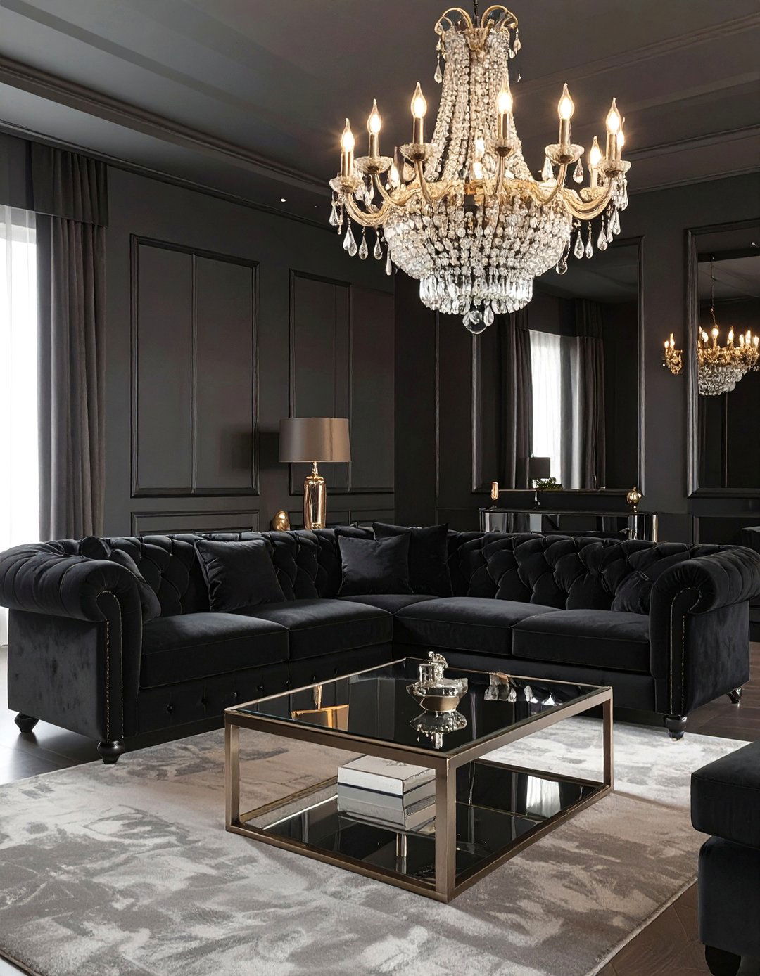 Glamorous Black Velvet Living Room - 30 black living room ideas
