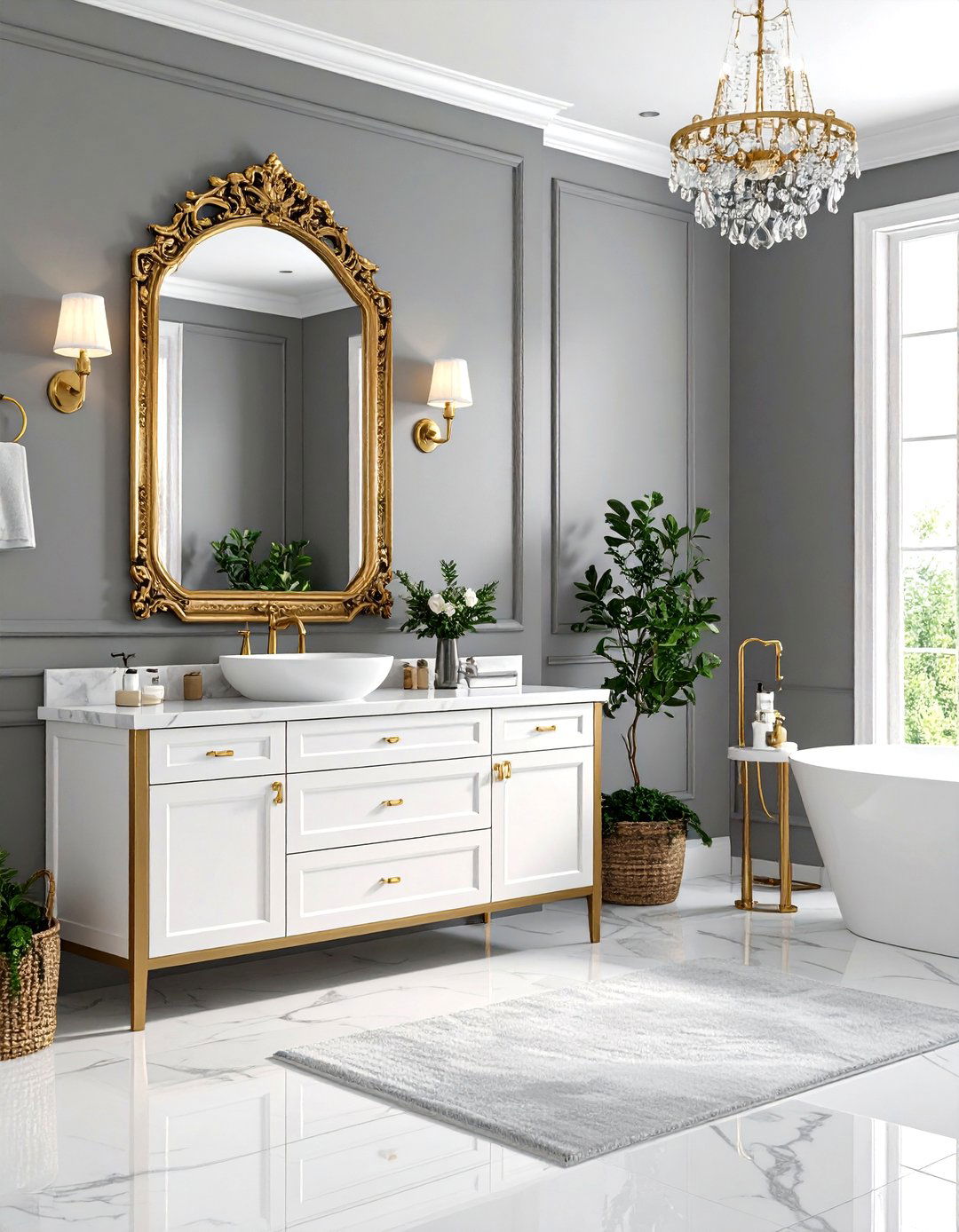 Glamorous Gray Bathroom with Gold Accents - 30 gray and white bathroom ideas