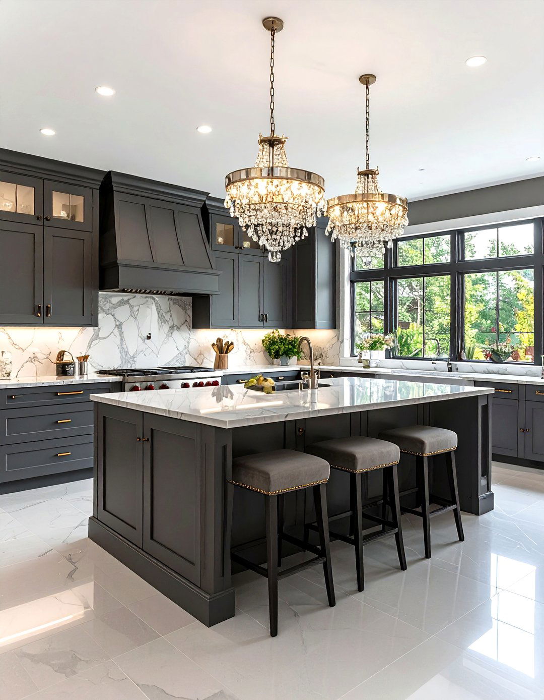 Glamorous Gray Kitchen with Crystal Lighting - 30 gray kitchen ideas