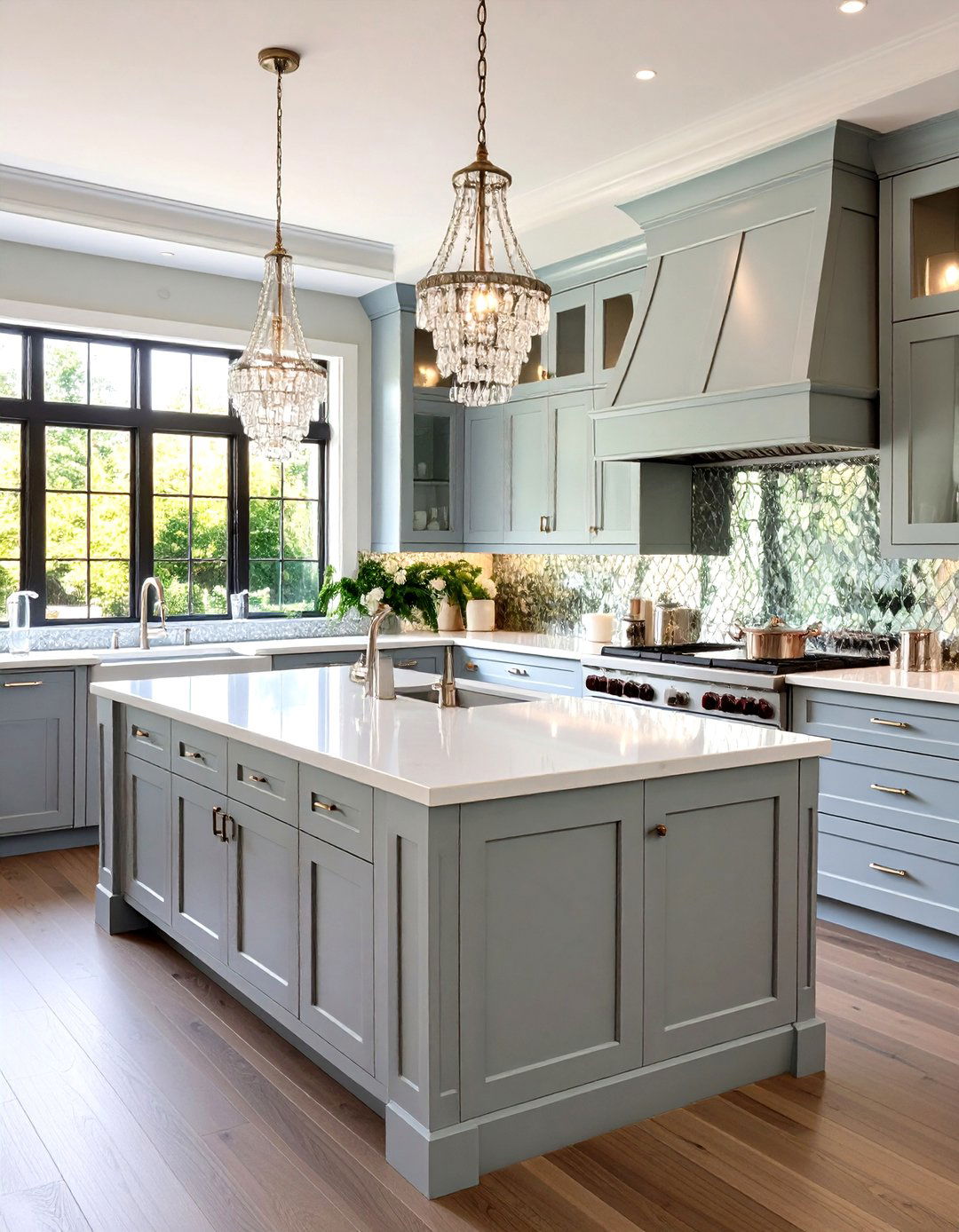 Glamorous Gray Kitchen with Mirrored Backsplash - 30 gray kitchen cabinets ideas