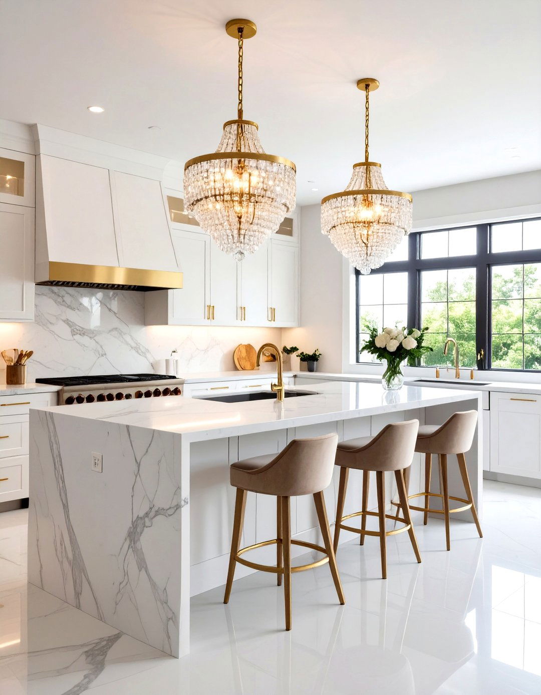 Glamorous Kitchen with Crystal Chandeliers - 30 kitchen island lighting ideas