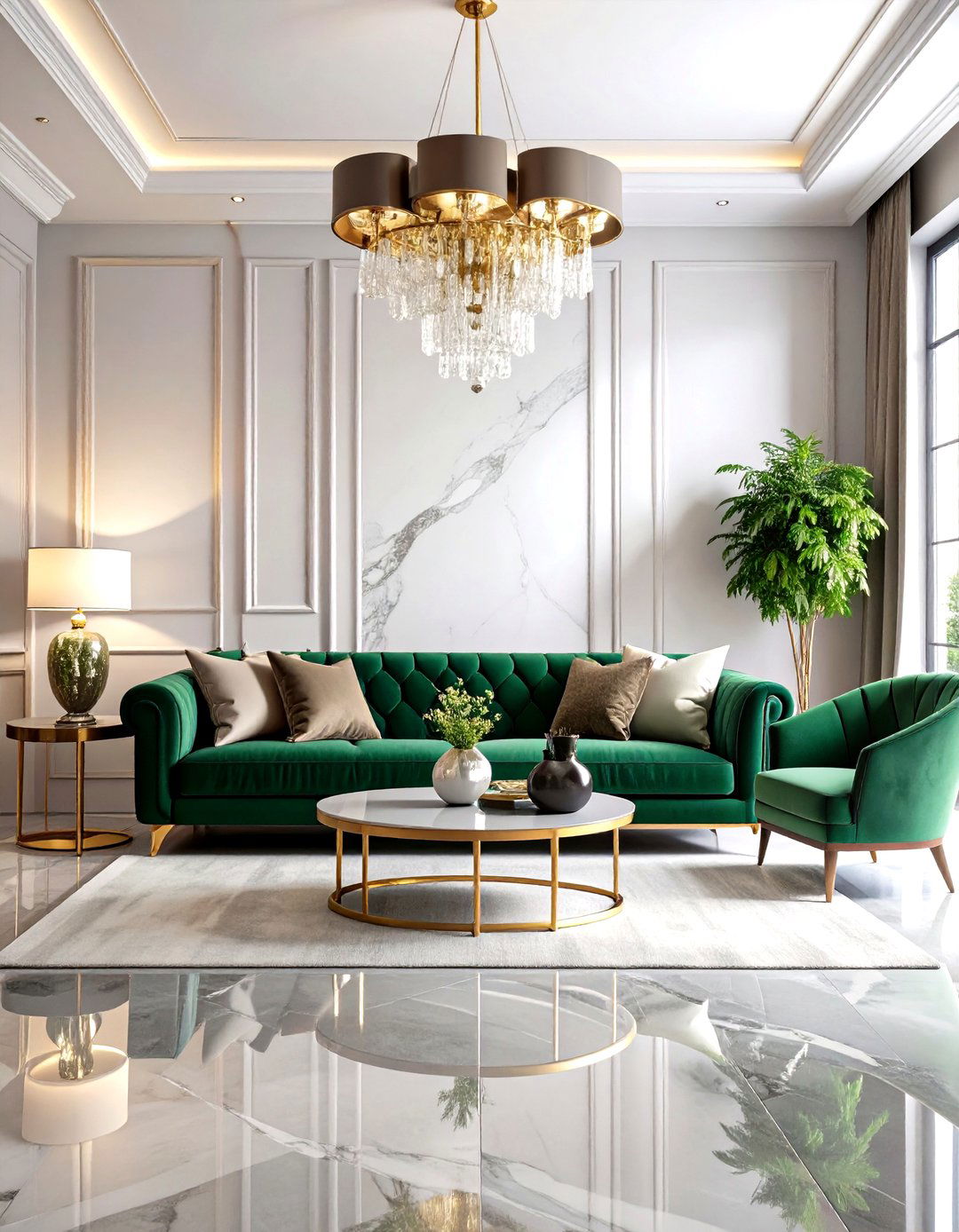 Glamorous Living Room with High Gloss Grey Marble Floors - 30 grey flooring living room ideas