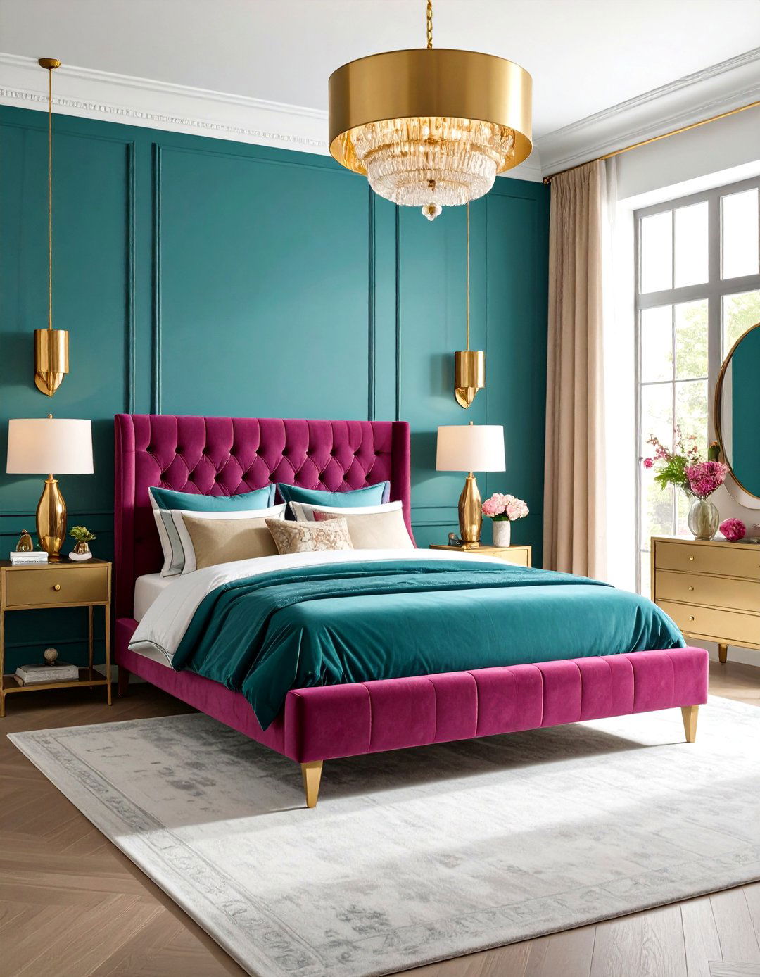 Glamorous Triadic Teal Magenta and Gold Bedroom - 30 interior design color wheel ideas