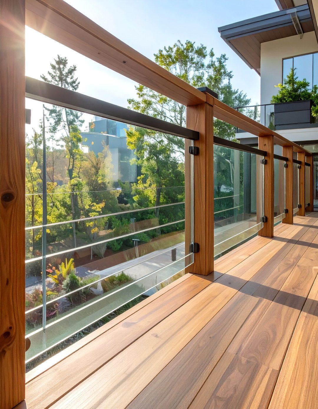 Glass Balusters with Wood Frame - 30 modern horizontal deck railing ideas