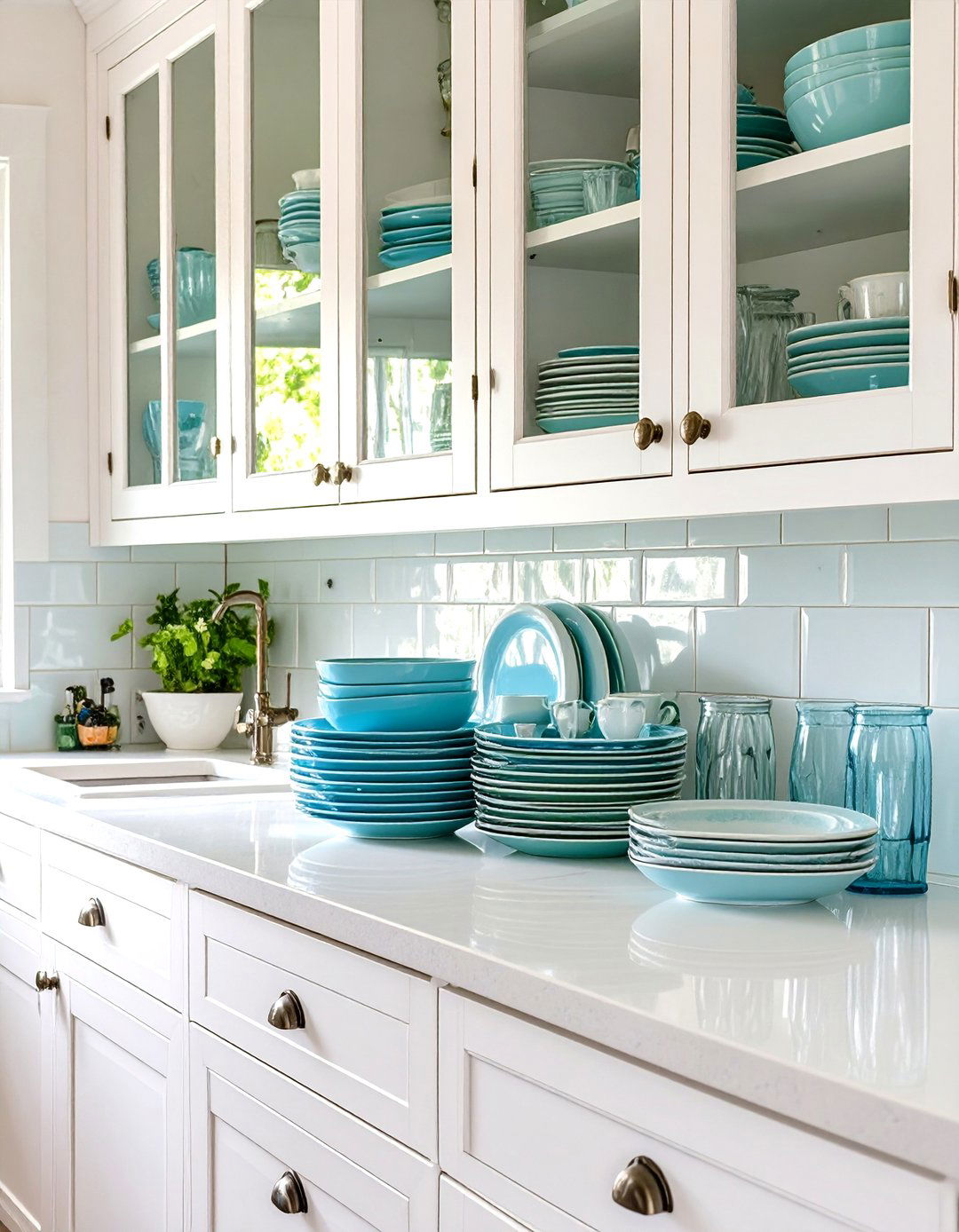 Glass Front Cabinet Doors for an Airy Feel - 30 small coastal kitchen ideas
