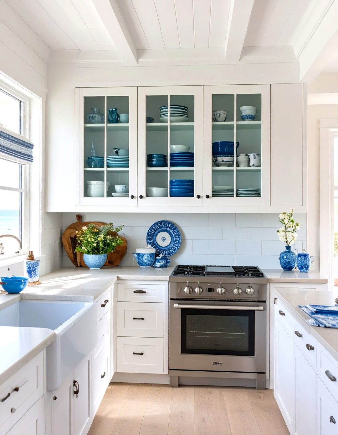 Glass Front Cabinet Doors - 30 seaside coastal kitchen design ideas