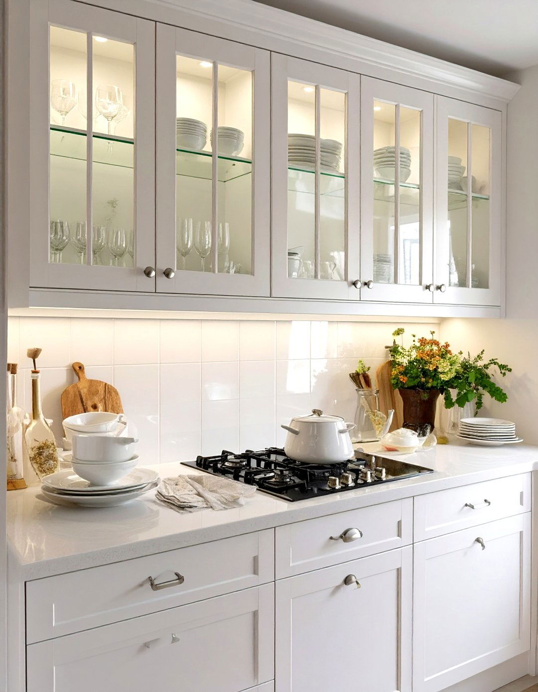 Glass Front Upper Cabinets for Display - 30 transitional kitchen design ideas
