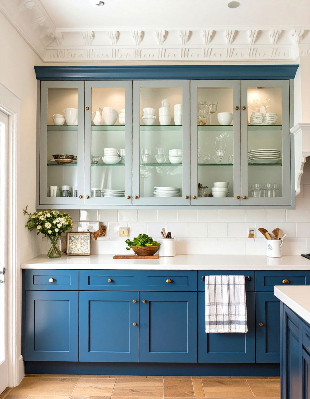 Glass Front Upper Cabinets with Solid Color Lowers - 30 two tone kitchen cabinet ideas