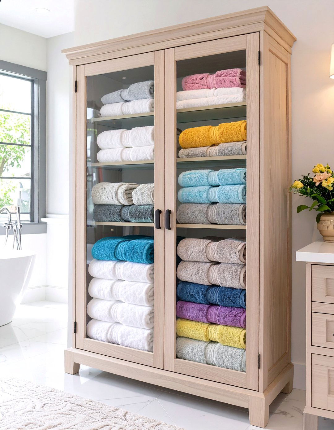 Glass Fronted Armoire - 30 bathroom towel storage ideas