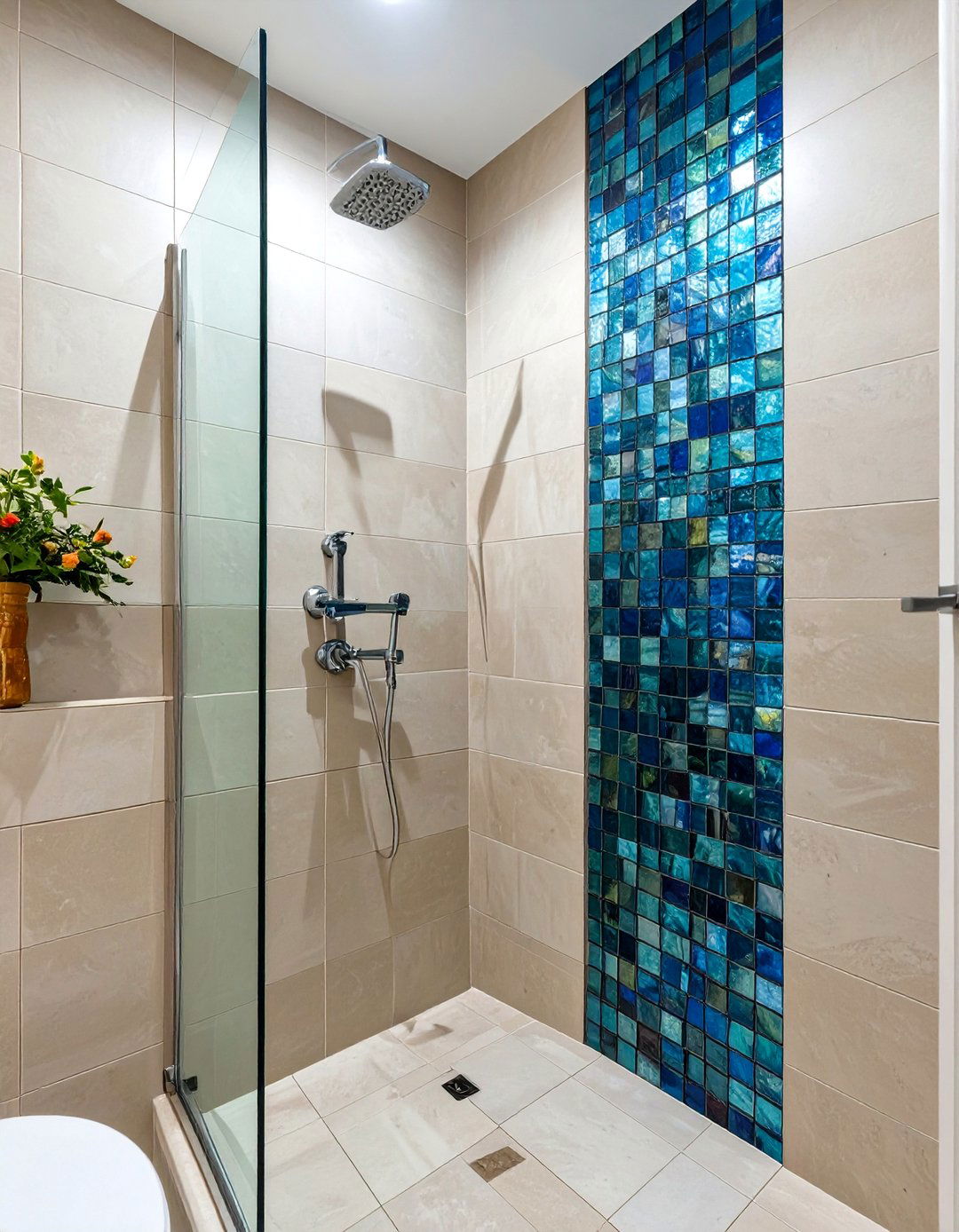 Glass Mosaic Accent Strip - 30 tiled shower ideas