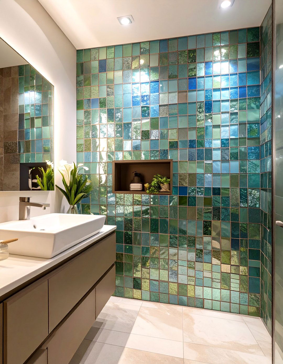 Glass Mosaic Accent Wall - 30 bathroom tile ideas for small bathrooms