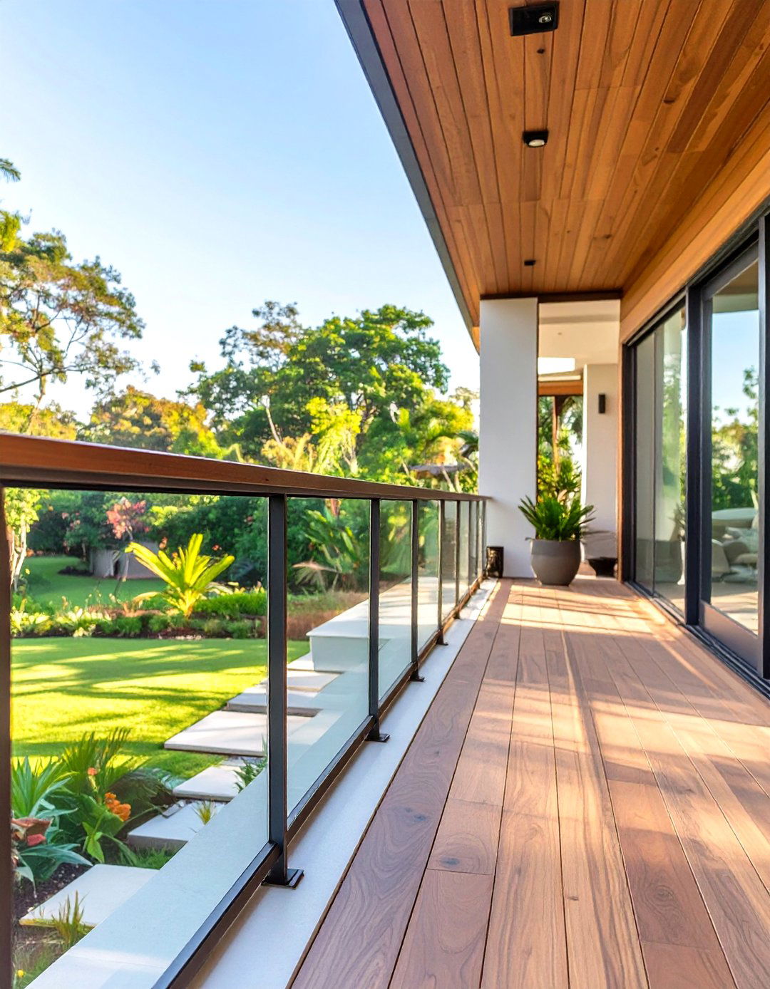 Glass Panel and Wood Railing - 30 wood front porch railing ideas