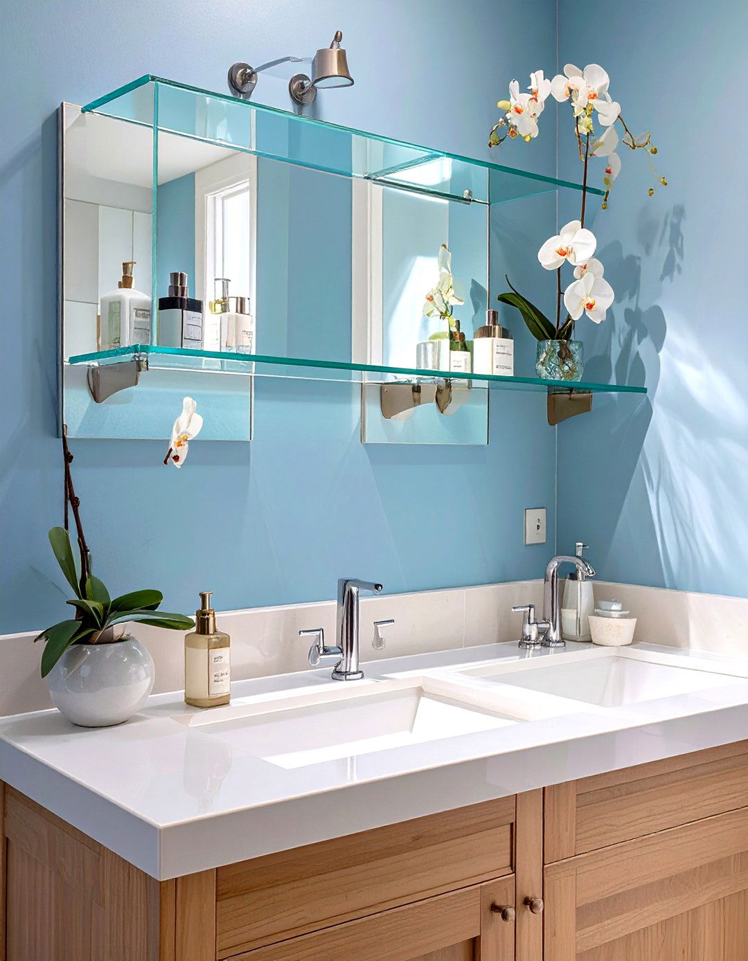 Glass Shelves Above the Sink - 30 shelves very small bathroom storage ideas