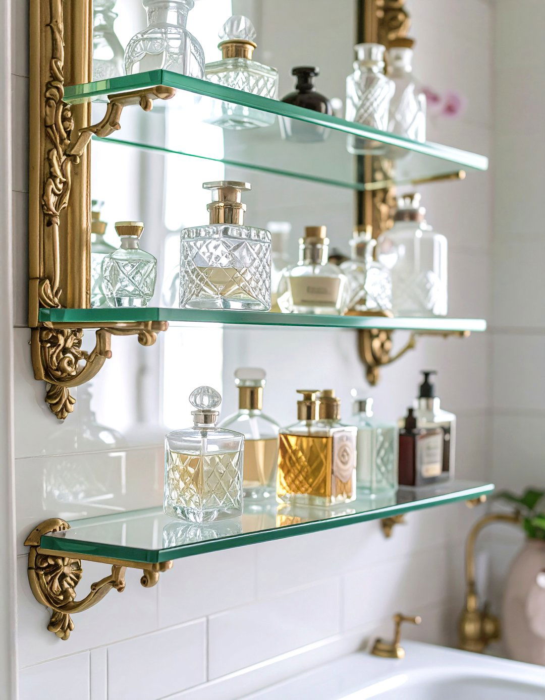 Glass Shelving with Brass Brackets - 30 vintage bathroom ideas