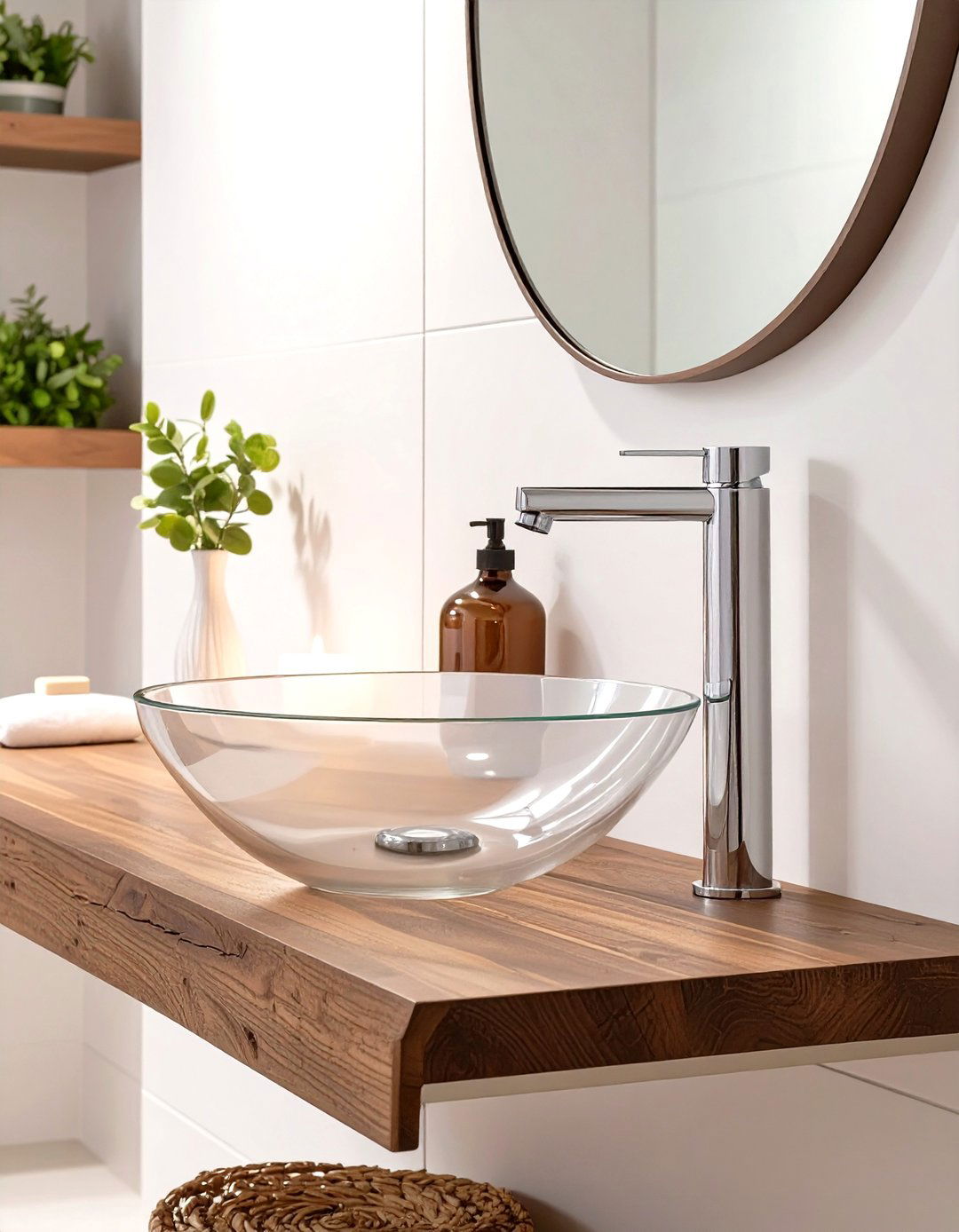 Glass Vessel Sink on a Floating Shelf - 30 small bathroom sink ideas