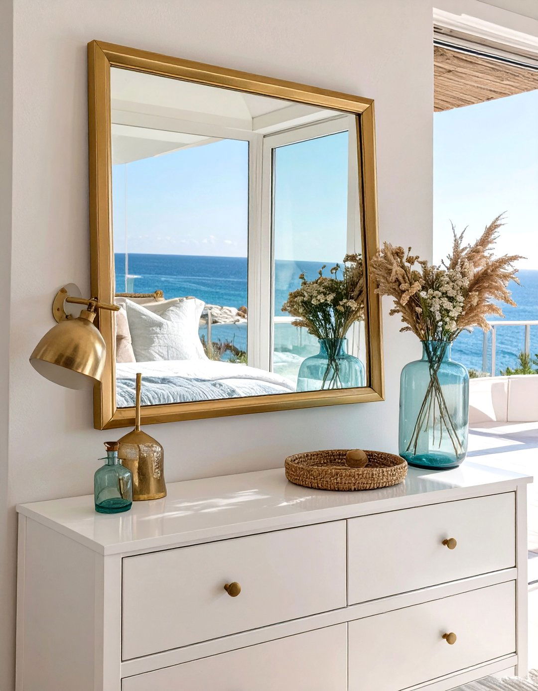 Glass and Brass Accents - 30 seaside modern coastal bedroom ideas