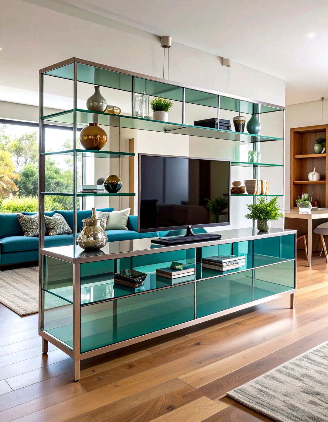 Glass and Chrome Living Room Console - 30 living room entertainment center ideas