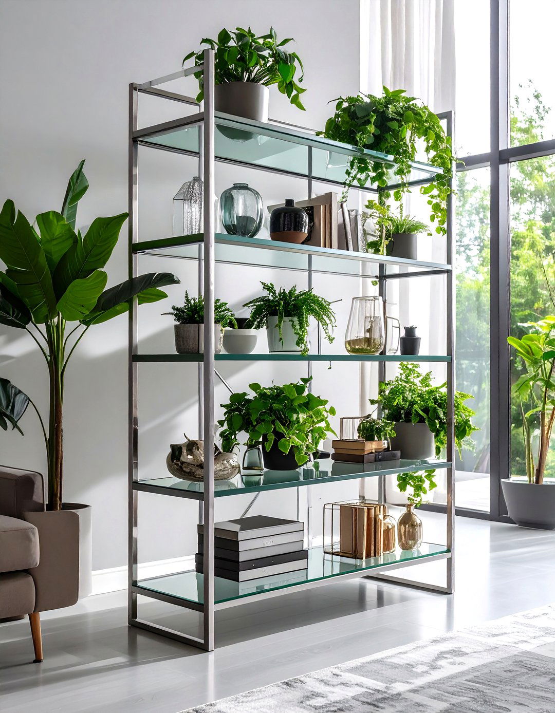 Glass and Metal Living Room tagere - 30 living room shelf ideas
