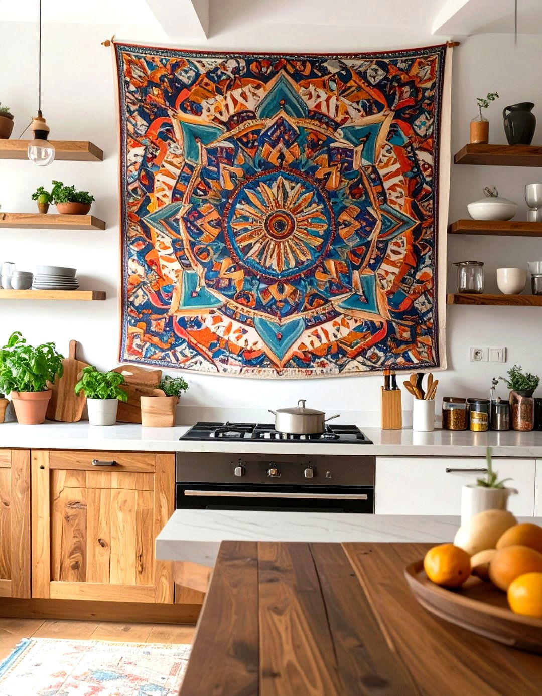 Global Inspired Fabric Wall Hanging - 30 kitchen accent wall ideas