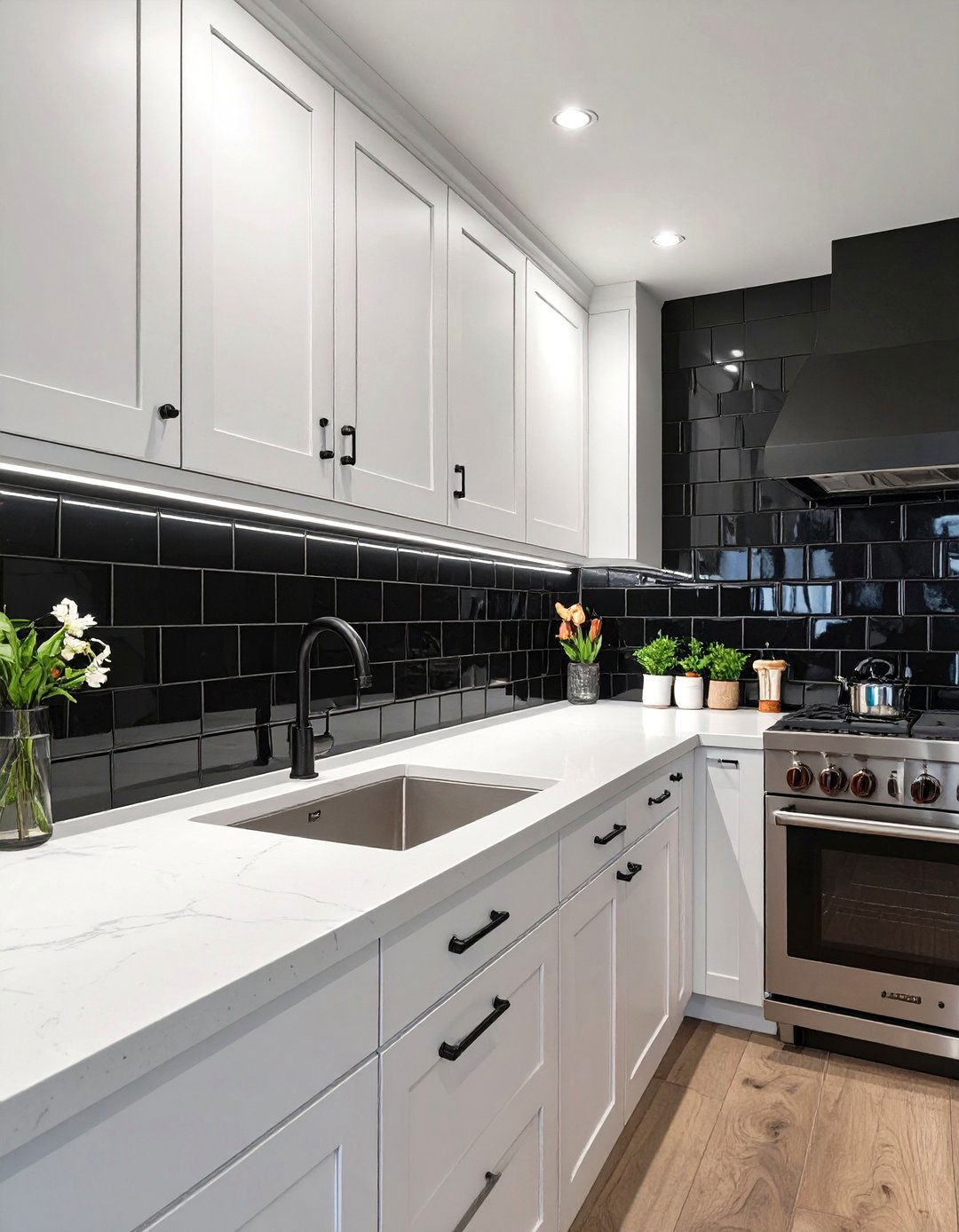 Glossy Black Subway Tile Backsplash - 30 backsplash ideas for white cabinets and quartz countertops