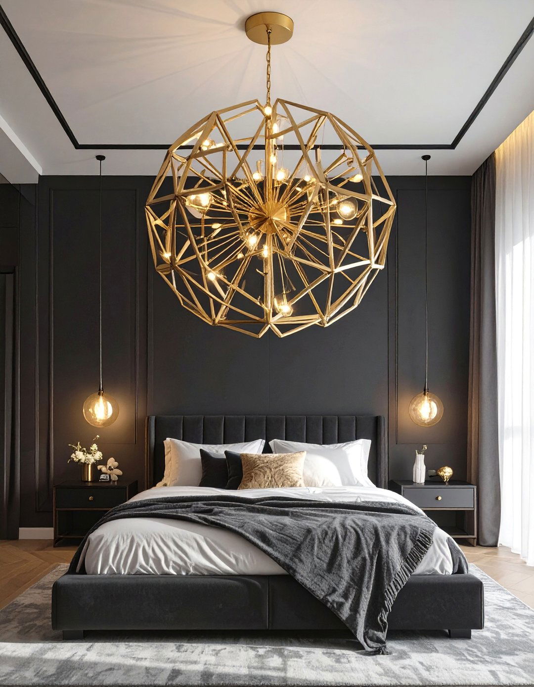 Gold Lighting Fixtures as Jewelry - 30 black and gold bedroom ideas
