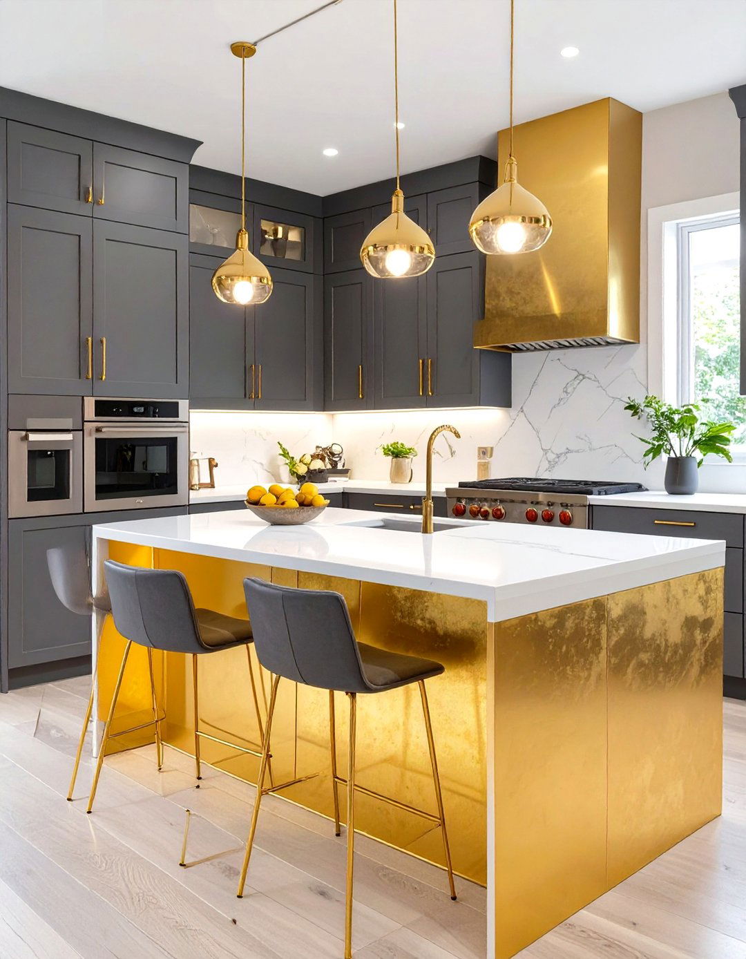 Gold Painted Island with Dark Gray Cabinets - 30 two tone painted kitchen cabinet ideas