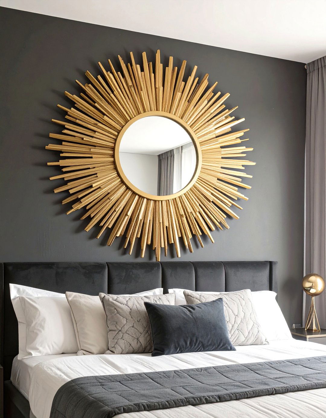 Gold Sunburst Mirror Feature - 30 black and gold bedroom ideas