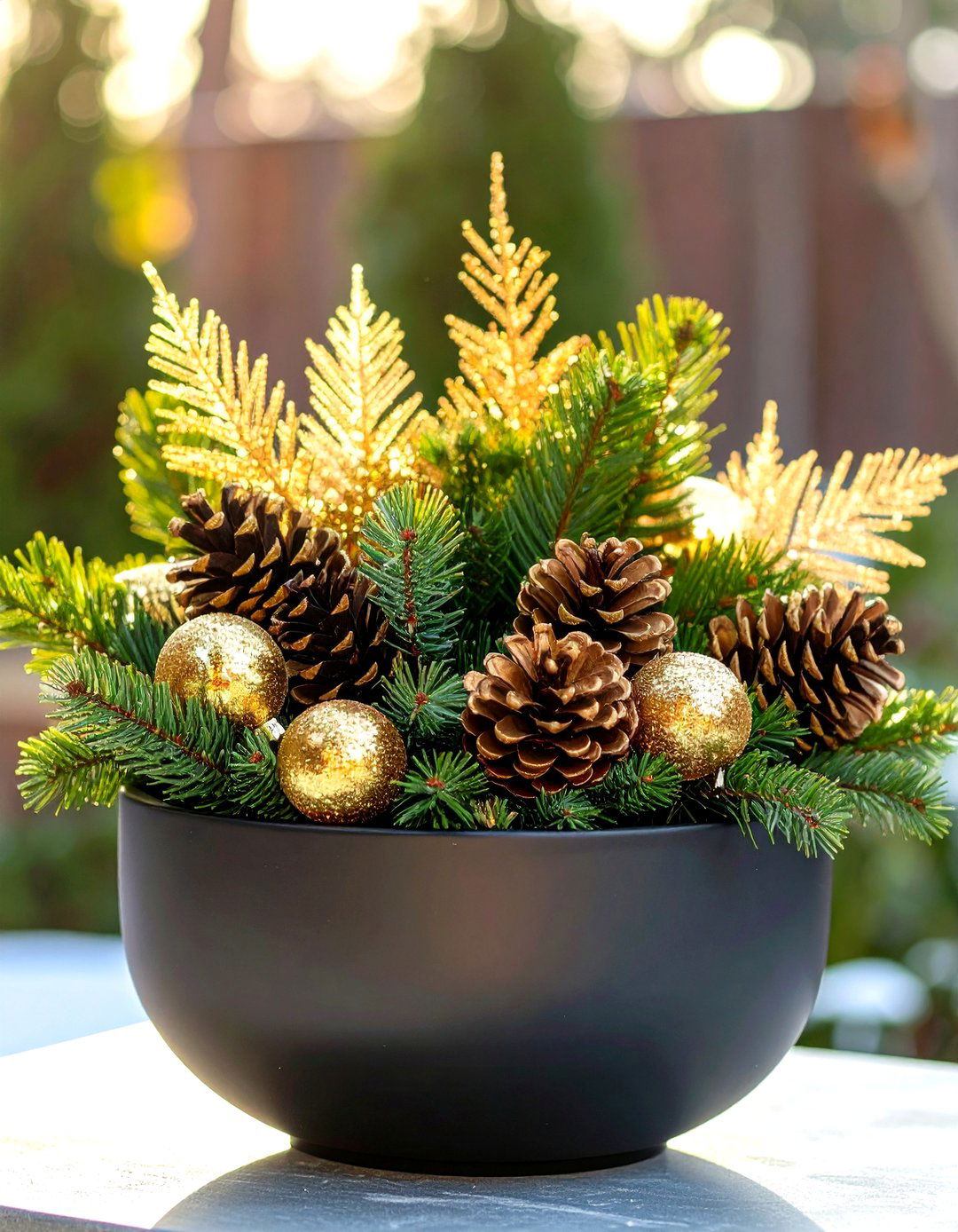 Gold Tipped Cedar and Pinecone Winter Planter - 30 outdoor winter planter ideas