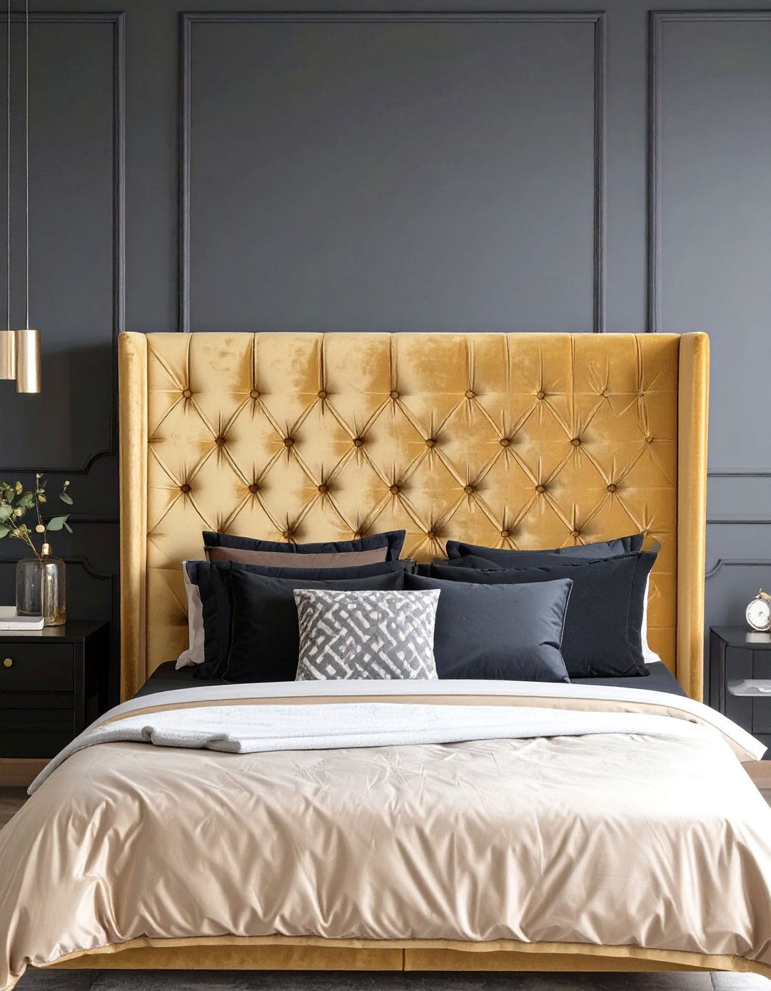 Gold Upholstered Headboard - 30 black and gold bedroom ideas