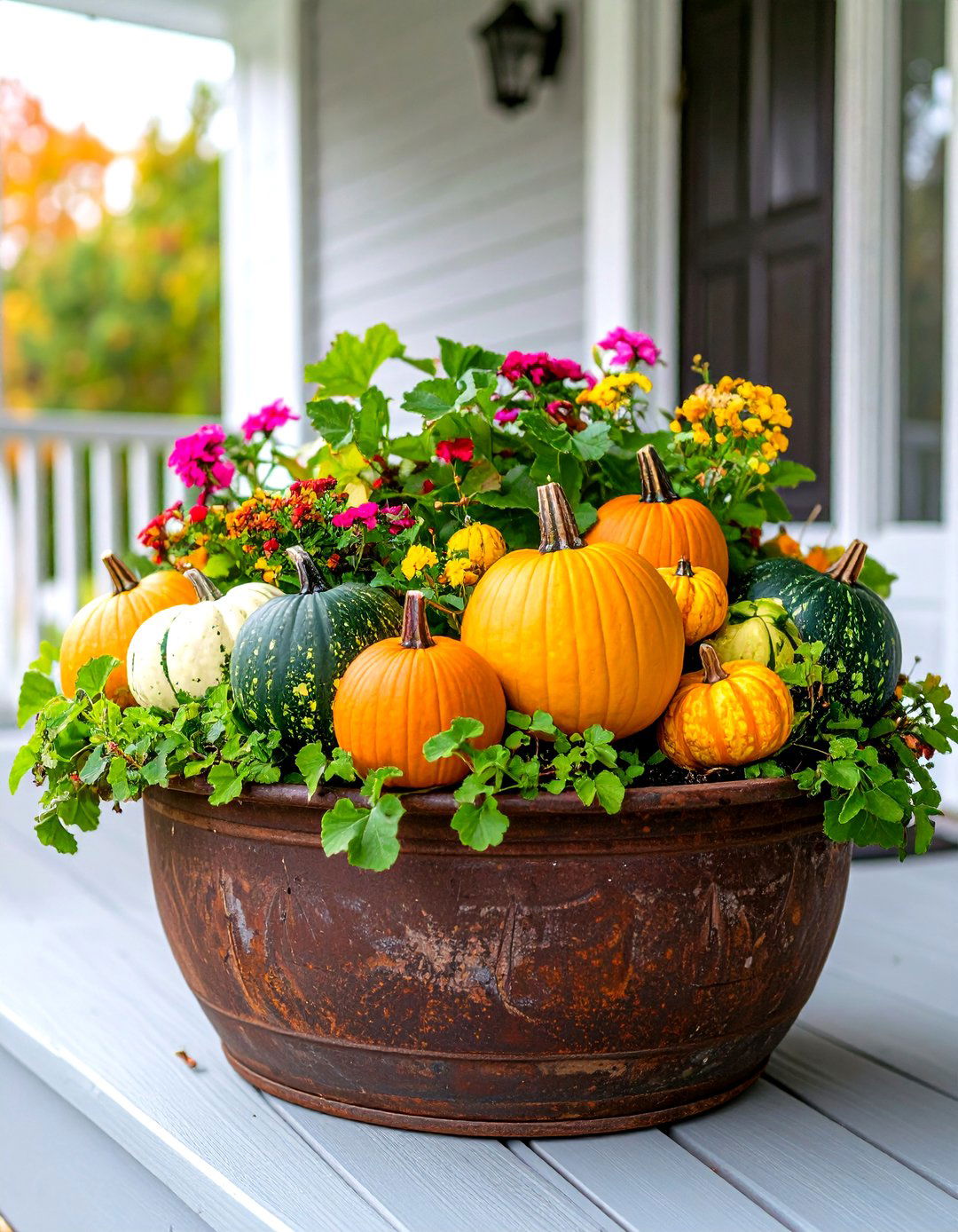 Gourd Filled Fall Planter - 30 front porch fall planter ideas