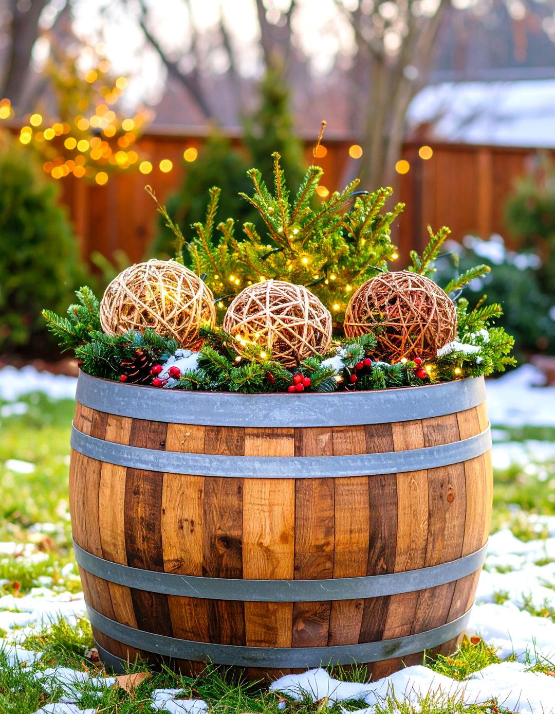 Grapevine Ball and Evergreen Winter Planter - 30 outdoor winter planter ideas
