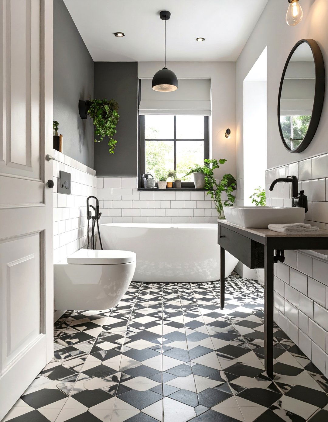 Graphic Bathroom with Penny Tiles - 30 black and white bathroom ideas