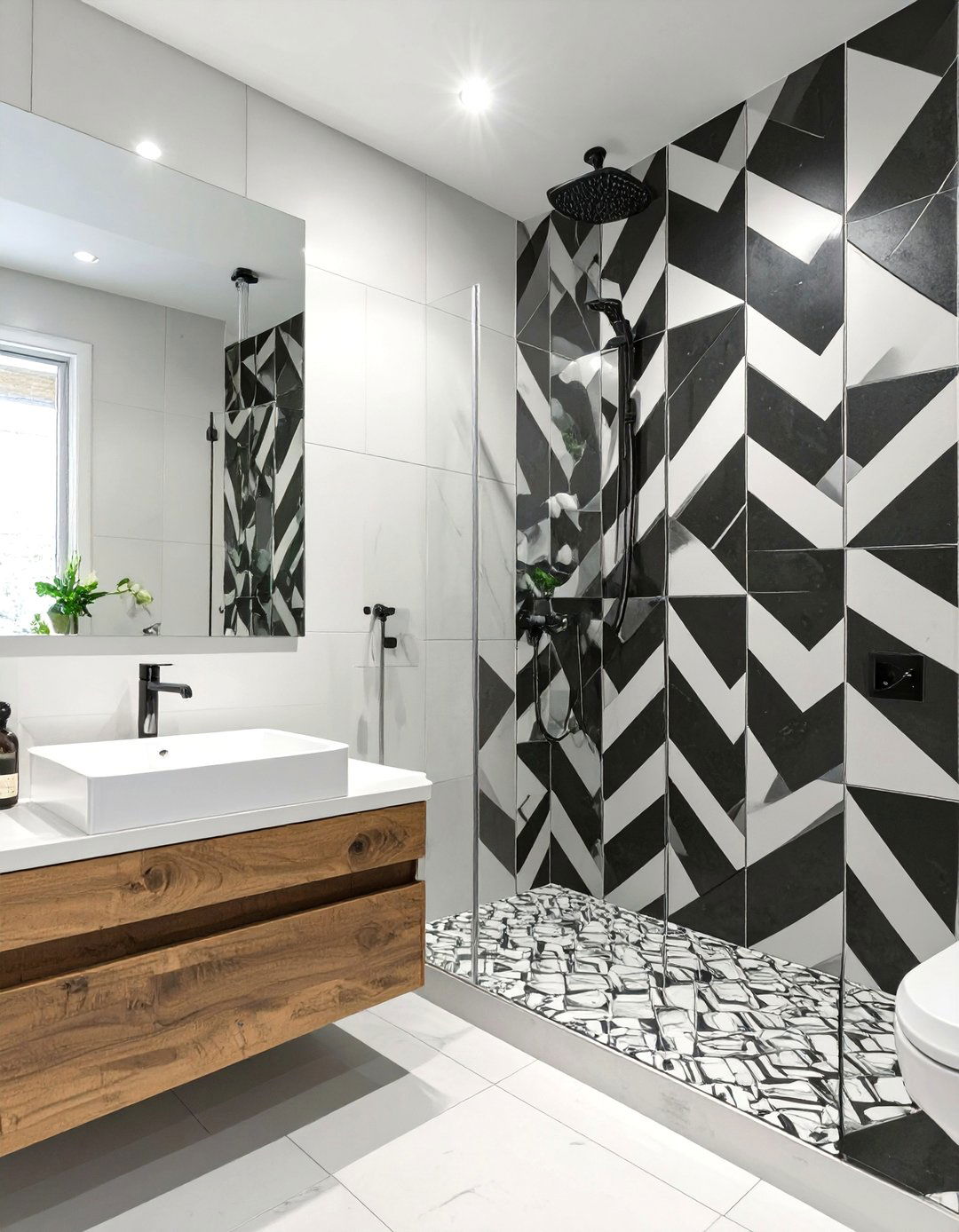 Graphic Black and White Patterned Shower Tiles - 30 shower tile ideas 2025