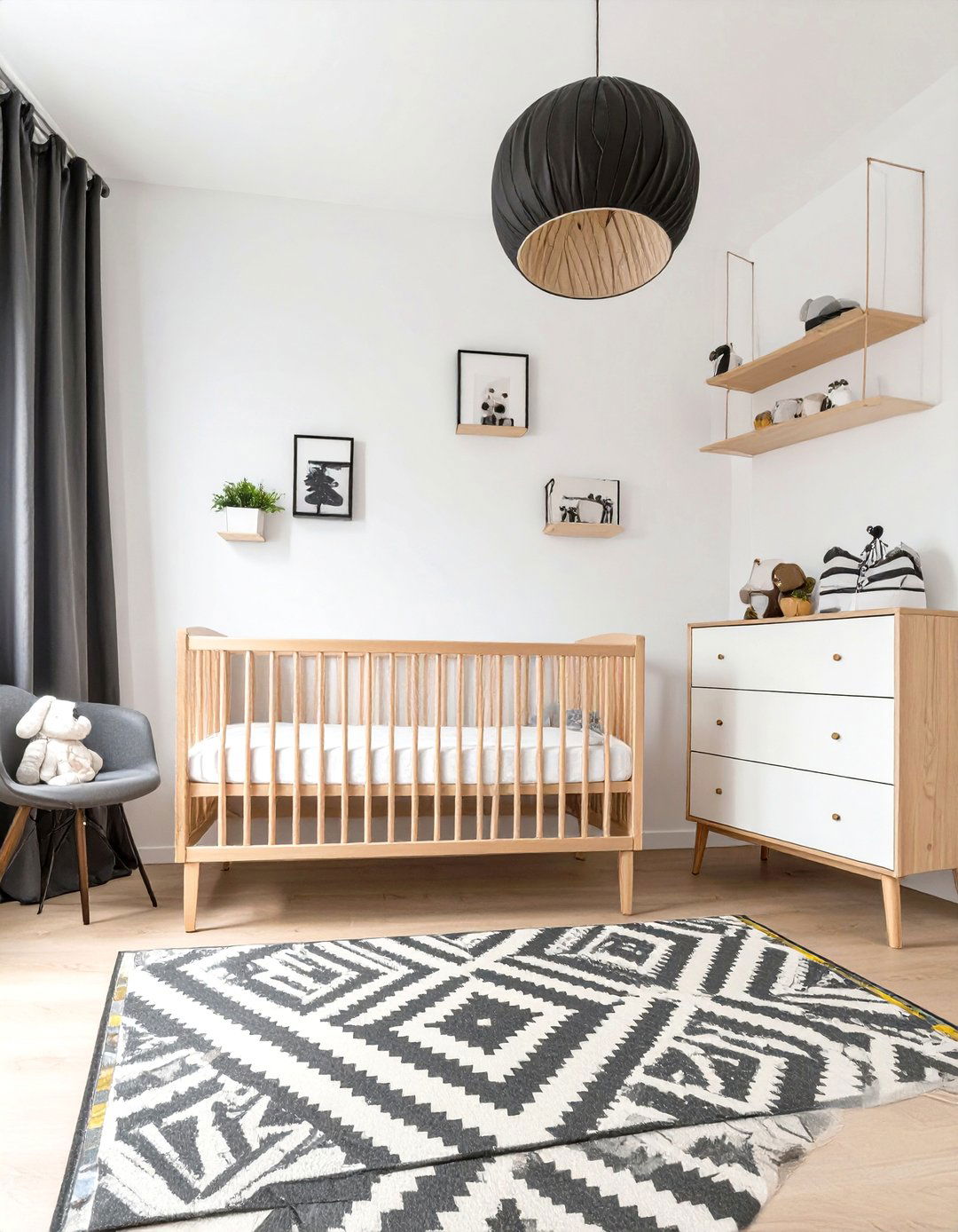 Graphic Black and White Plus Wood - 30 modern baby boy room ideas