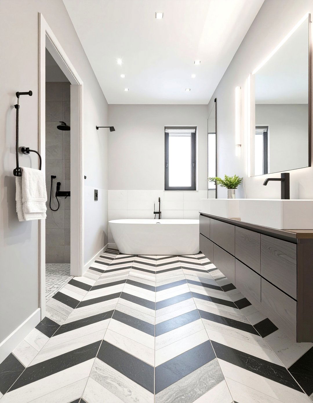 Graphic Patterned Floor Bathroom - 30 grey modern small bathroom designs