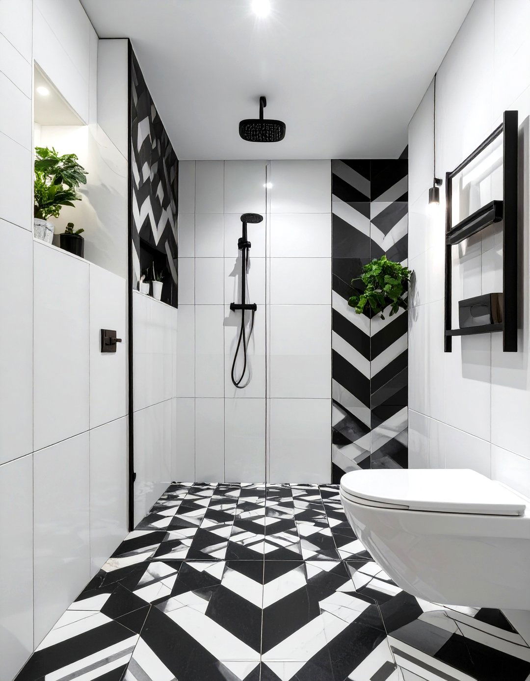 Graphic Patterned Tile Floor Small Doorless Shower - 30 small doorless walk in shower ideas