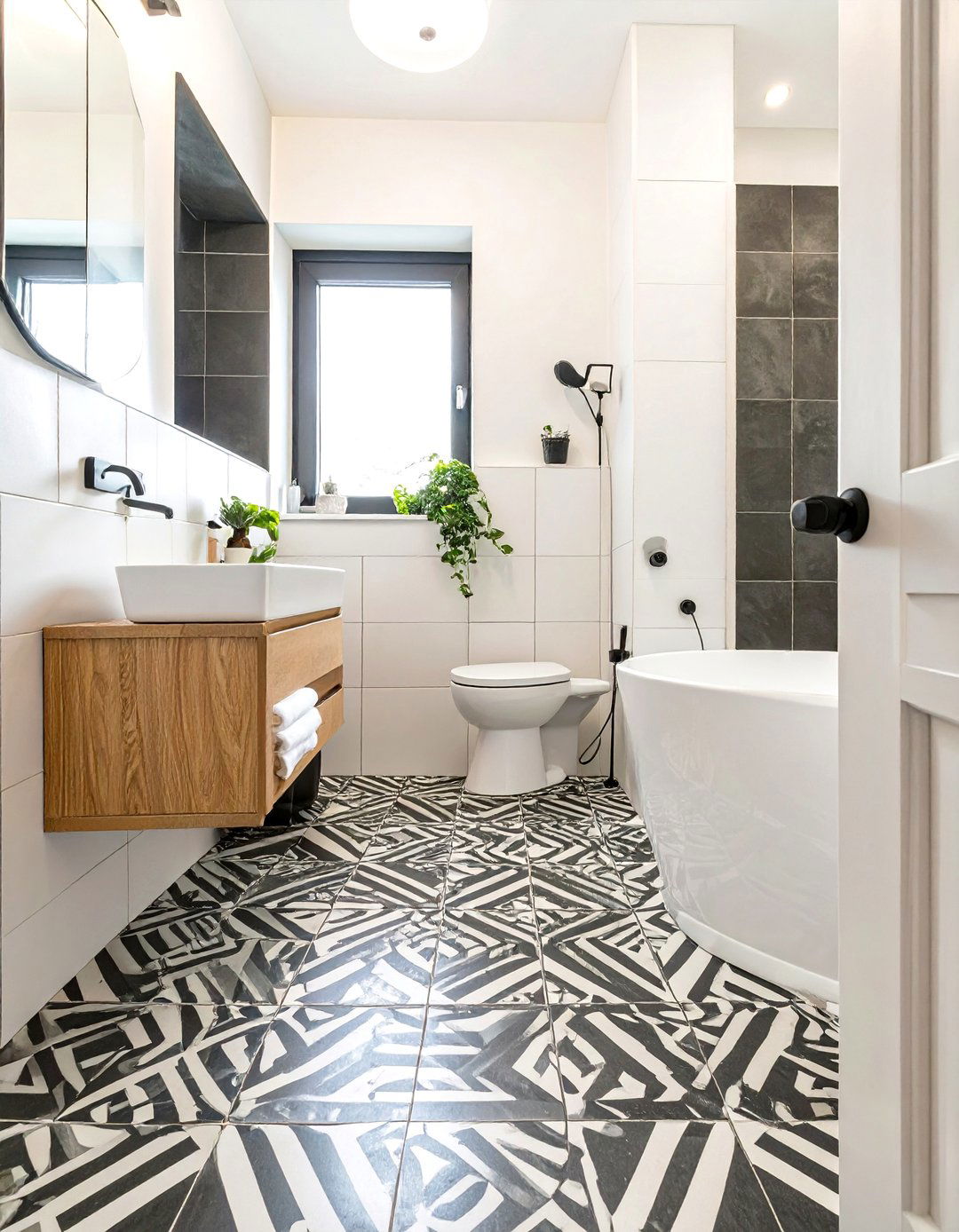 Graphic Print Cement Tiles - 30 small bathroom floor tile ideas