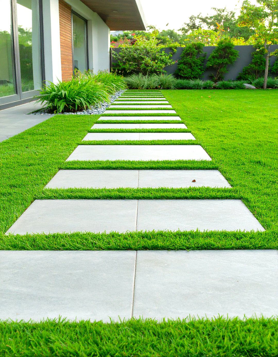 Grass and Paver Checkerboard Garden Path - 30 unique garden path ideas