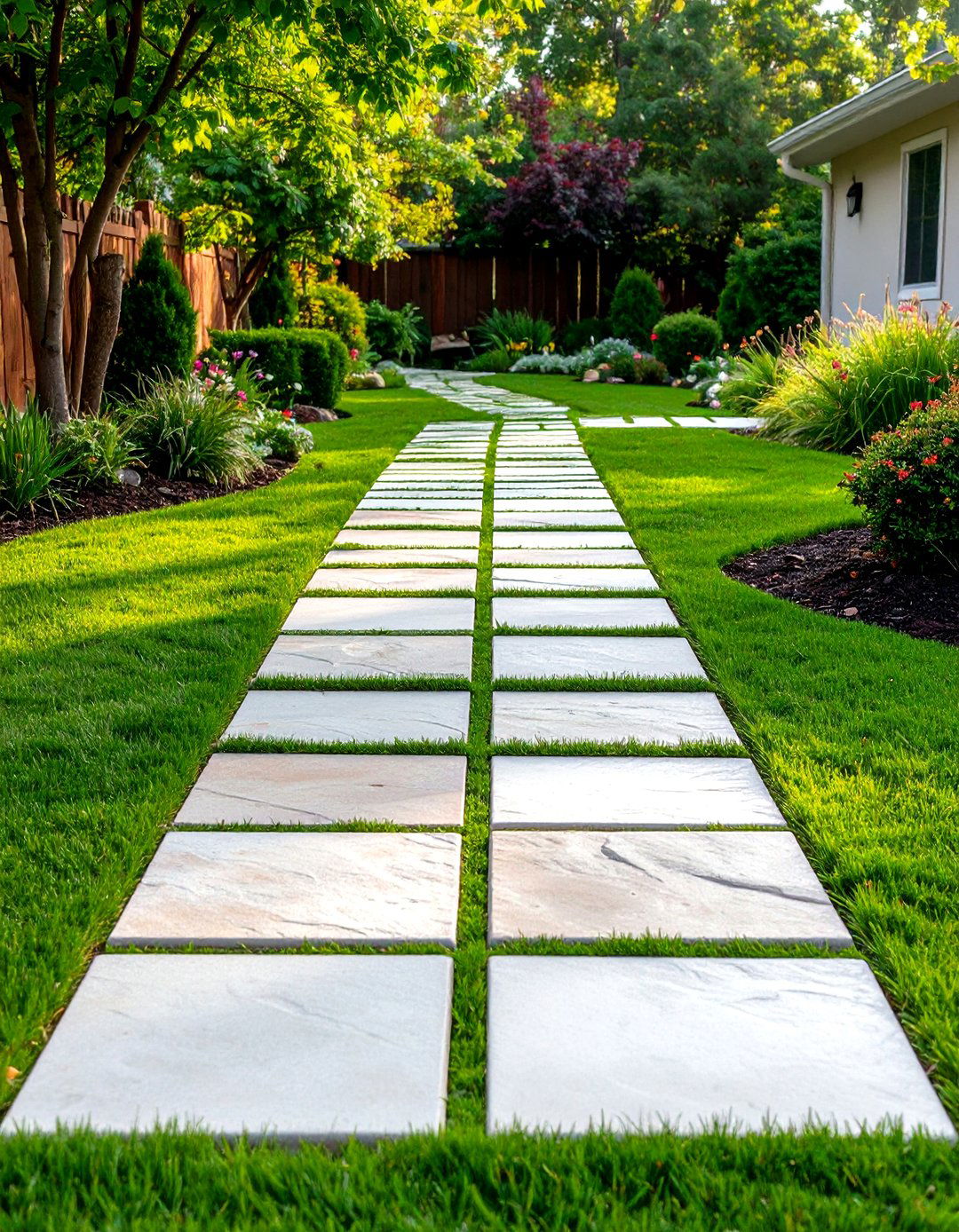 Grass and Stone Checkerboard Walkway - 30 front yard walkway ideas