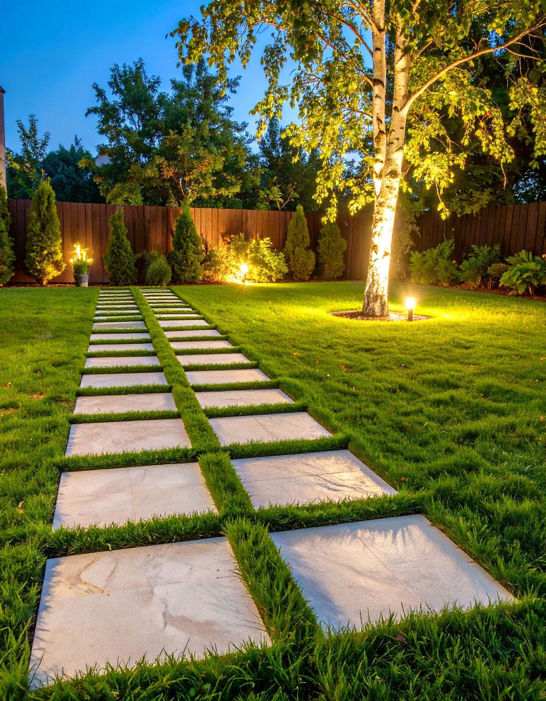 Grass and Stone Checkerboard - 30 backyard pathway ideas