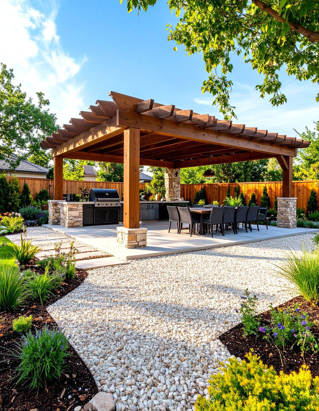 Gravel Patio with an Outdoor Kitchen - 30 gravel landscaping ideas