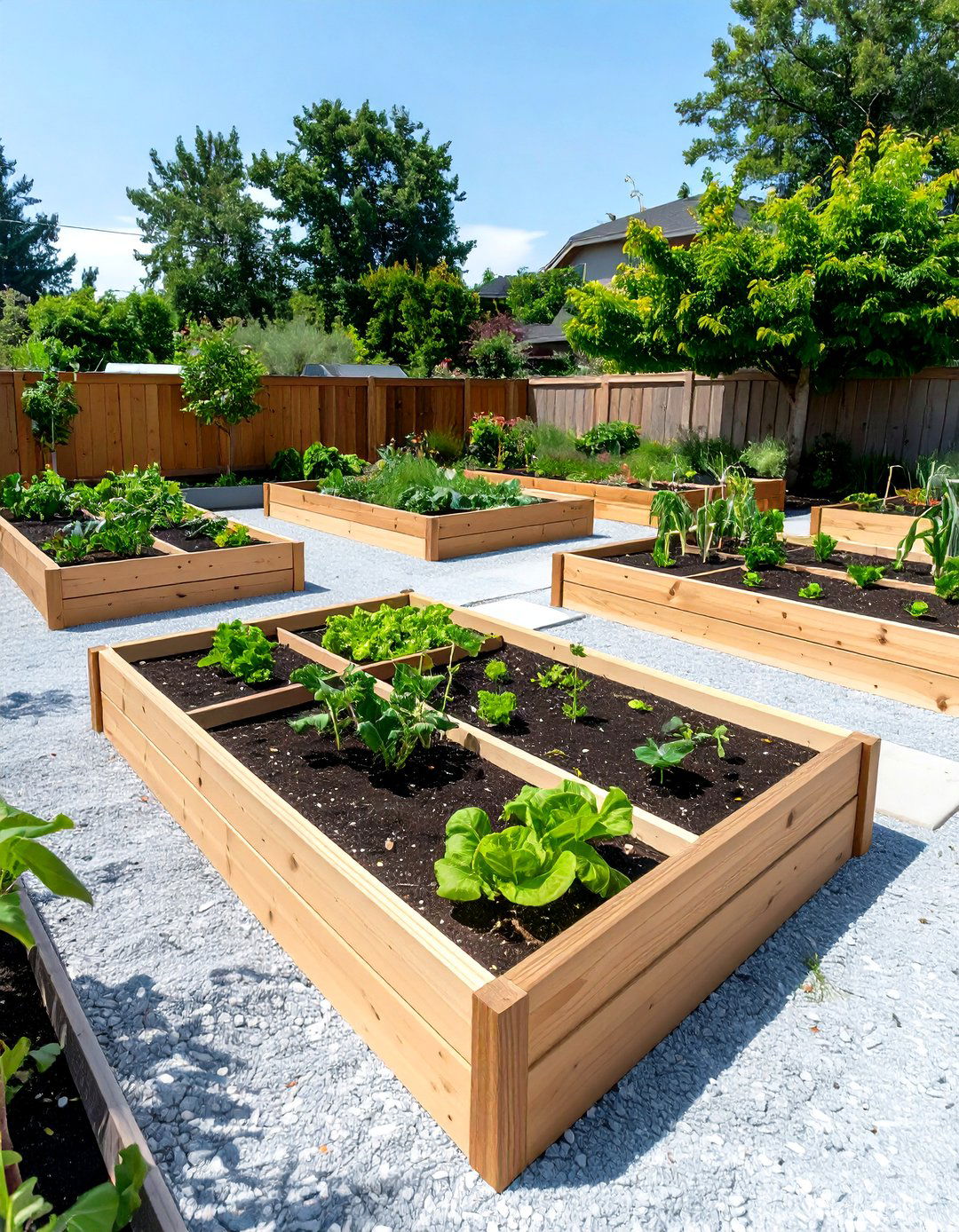 Gravel and Raised Bed Vegetable Garden - 30 cheap no grass backyard ideas