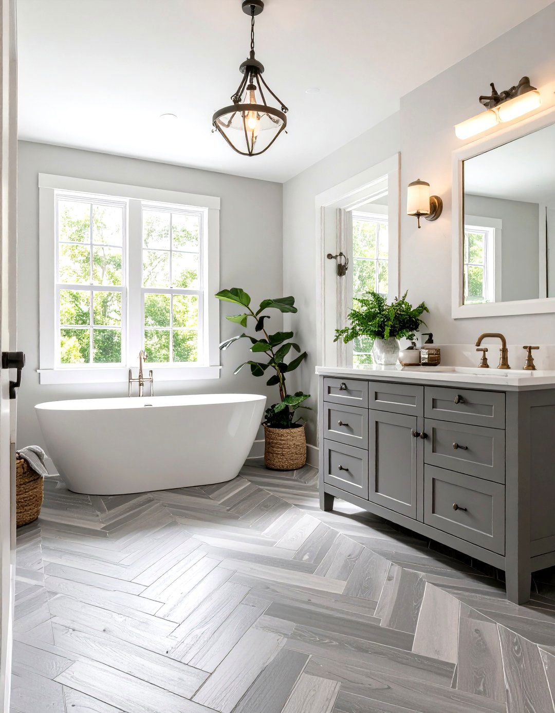 Gray Herringbone Tile Bathroom Floor - 30 gray and white bathroom ideas