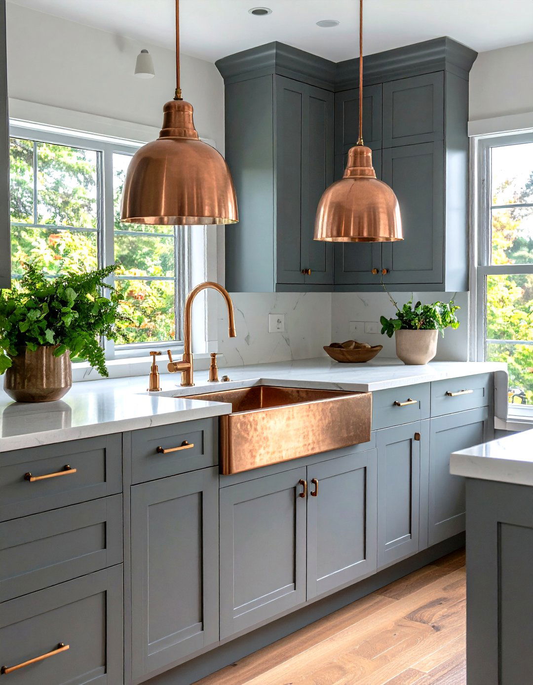 Gray Kitchen Cabinets with a Warm Copper Sink - 30 gray kitchen cabinets ideas