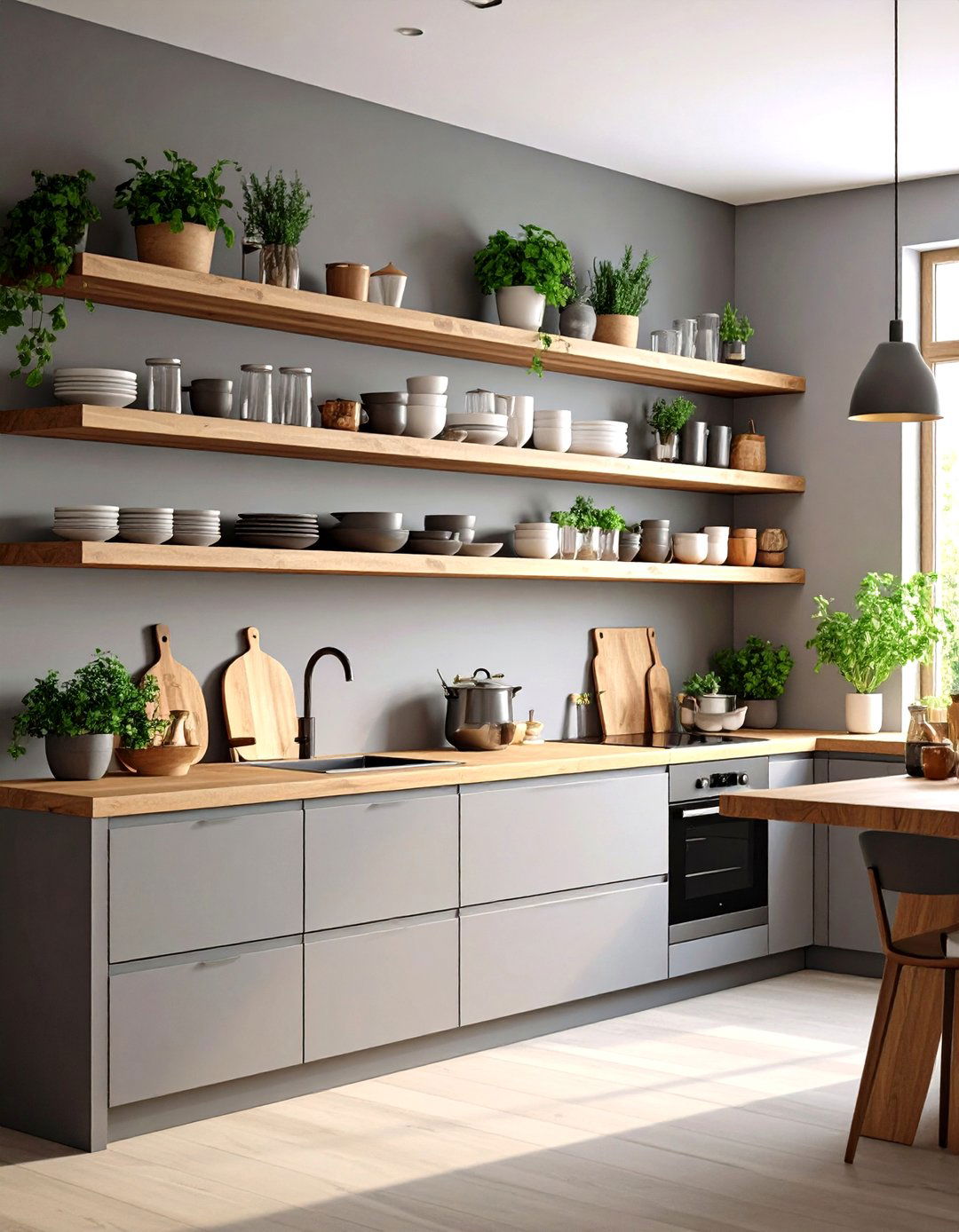 Gray Kitchen with Floating Shelves - 30 gray kitchen ideas