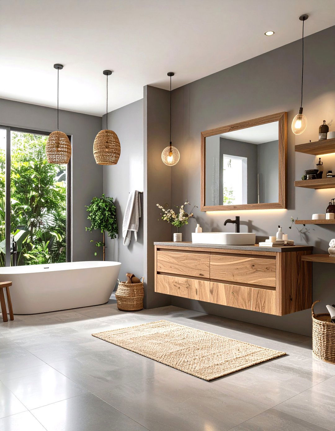 Gray and White Bathroom with Wood Accents - 30 gray and white bathroom ideas