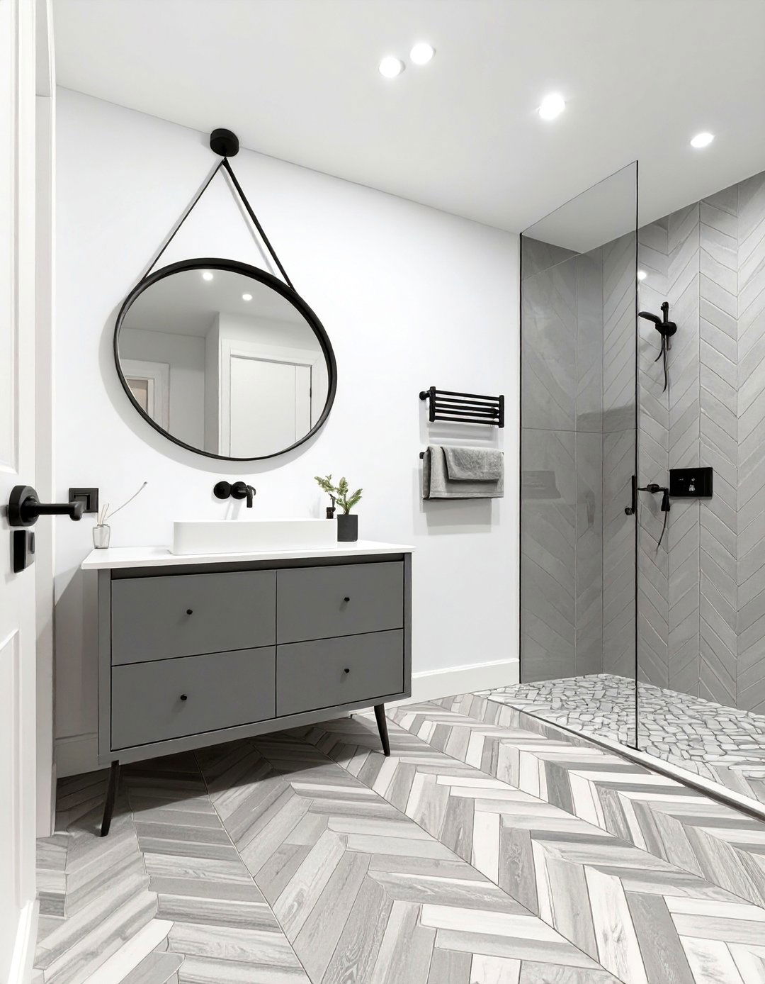 Gray and White Herringbone Bathroom - 30 gray bathroom ideas