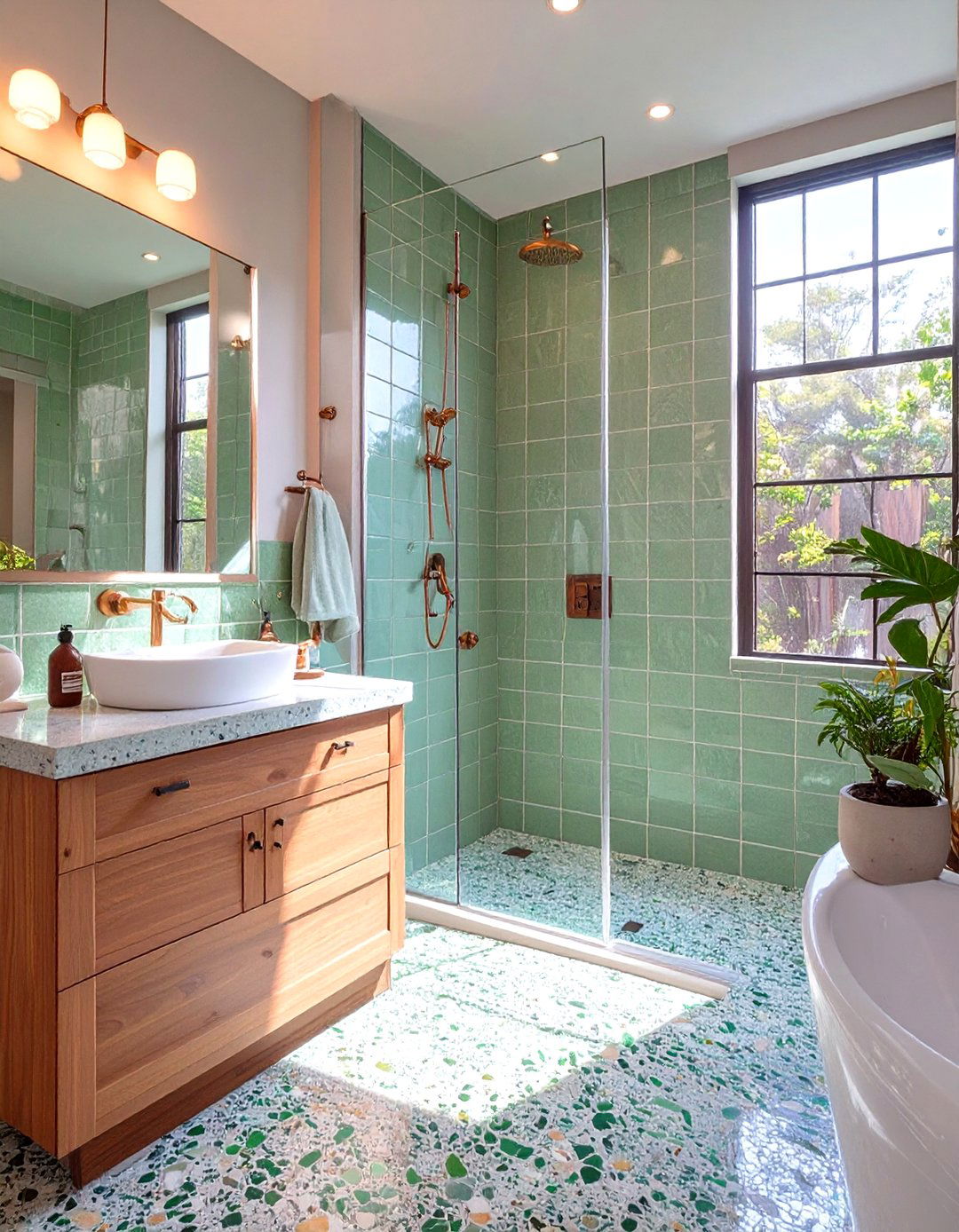 Green Bathroom with a Terrazzo Twist - 30 green tile bathroom ideas