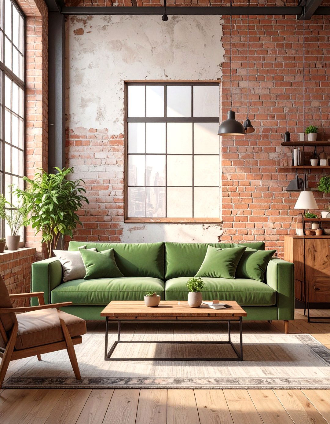 Green Couch And Exposed Brick Wall - 30 green couch living room ideas